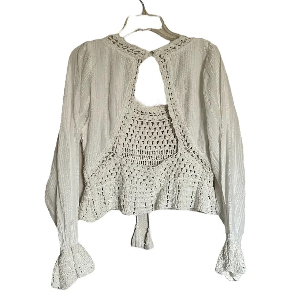 Free People Megan Crochet Open Back Long Sleeve Blouse NEW
